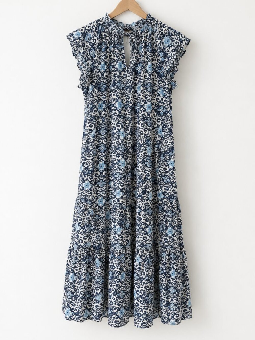 THML Sky Blue Floral Smocked Dress Small Boho Ruffle Lined Floral abstract print
